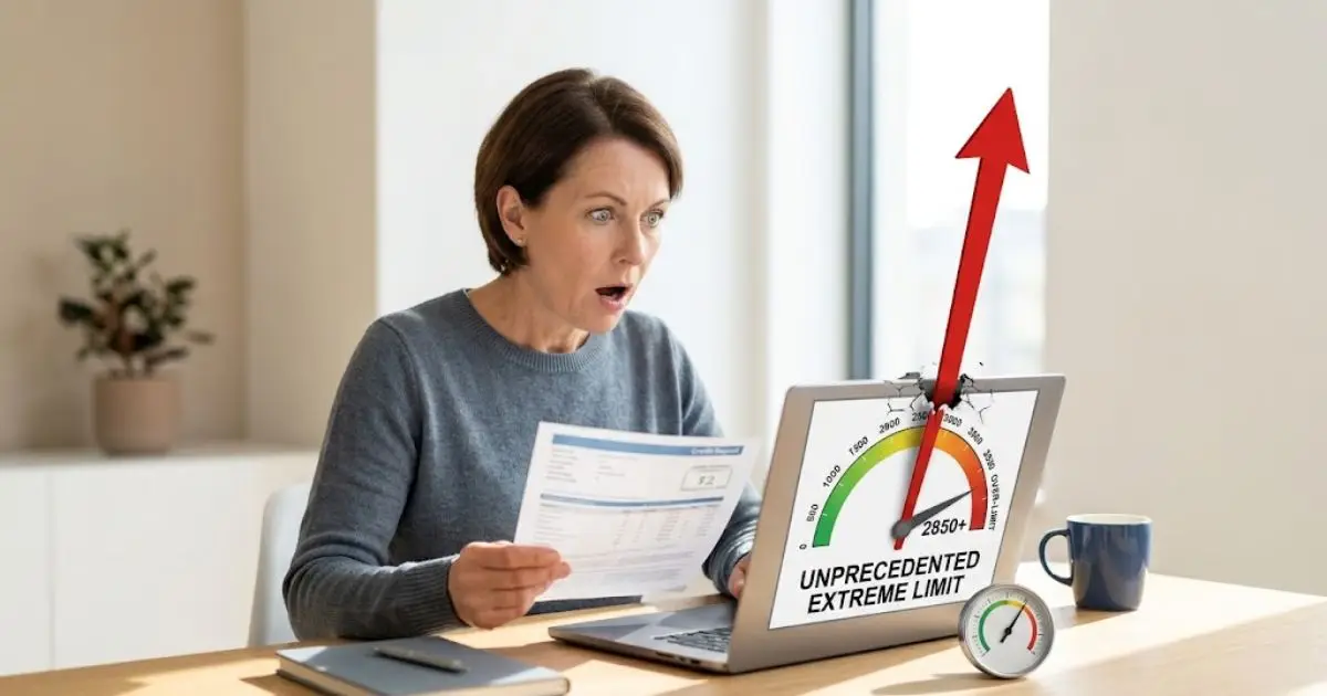 A woman sitting at a desk with a credit report, looking surprised at a laptop displaying an exaggerated credit score dial breaking through the top of the screen.