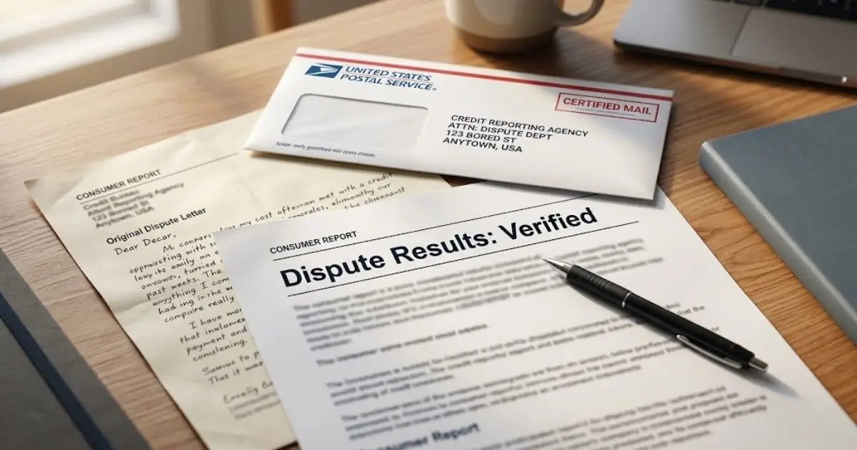 Credit bureau response marked verified next to a second dispute ready to mail