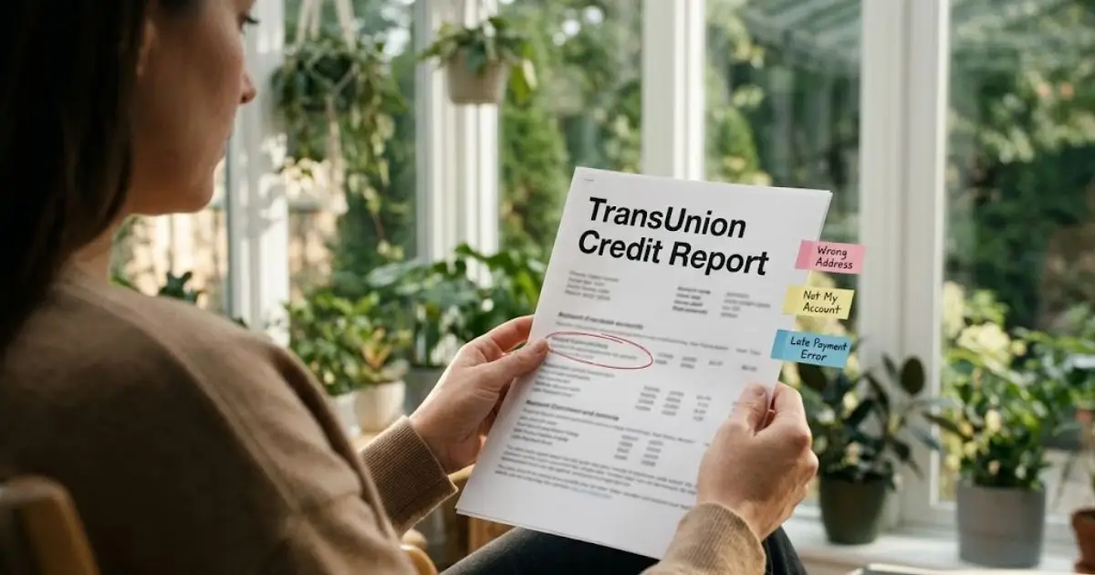 Woman holding a TransUnion credit report with tabs flagging a wrong address, an account that isn't hers and a late payment error