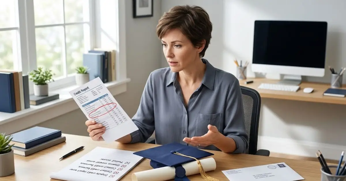 Person reviewing an unrecognized student loan on their credit report and preparing a dispute