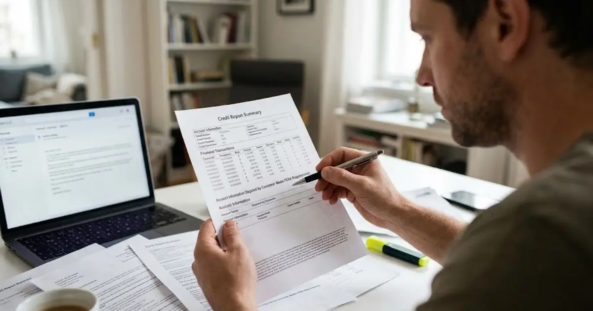 A man reviewing a printed credit report at his desk, pointing a pen at a section of disputed account information while a laptop sits open nearby.