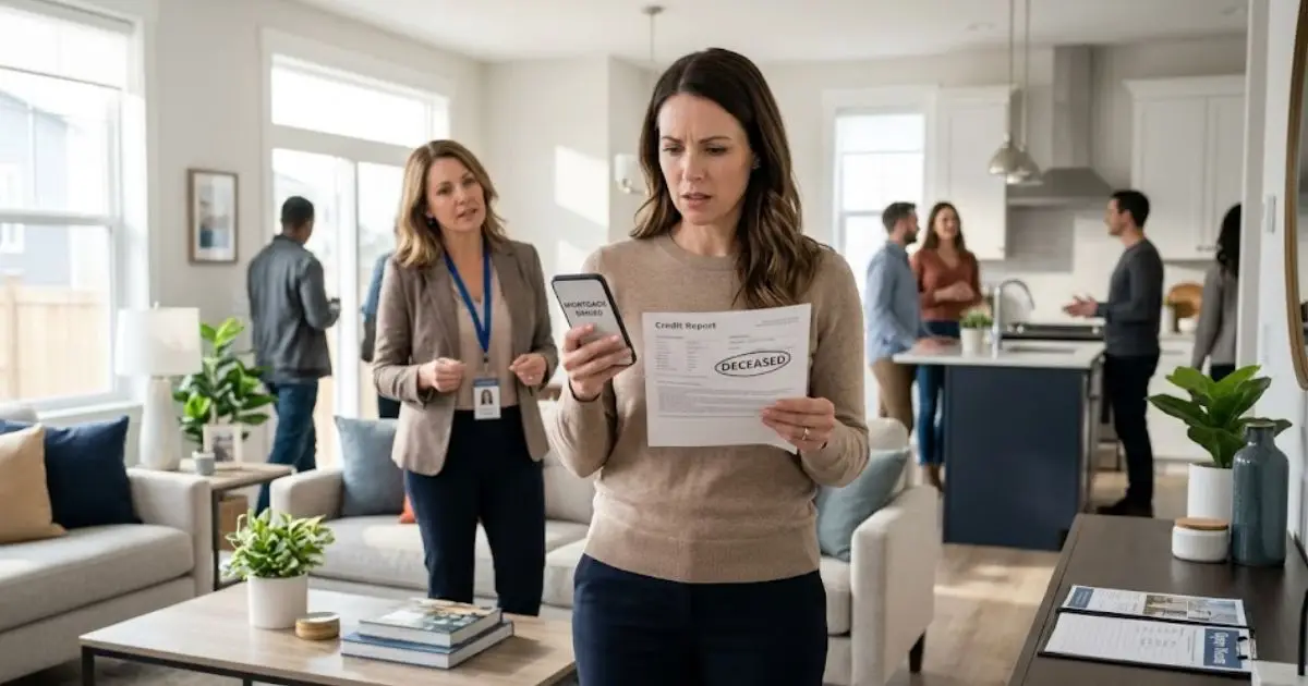 Woman at an open house learning she was denied a mortgage because she is listed as deceased