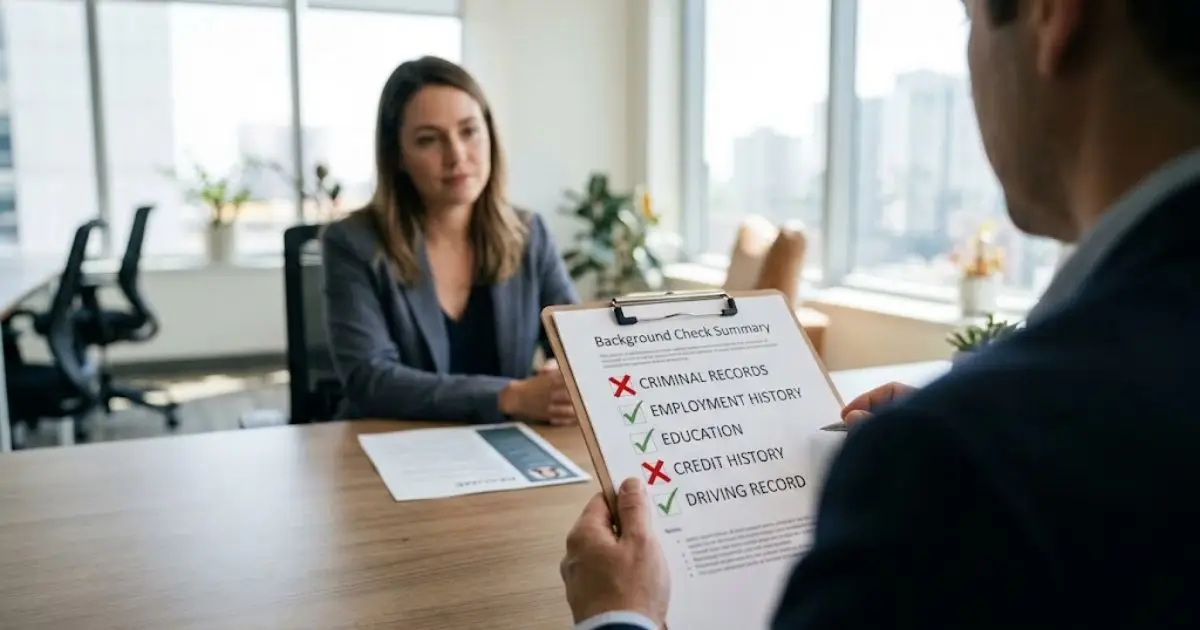 HR manager holding a background check checklist with two failed items while a job candidate waits