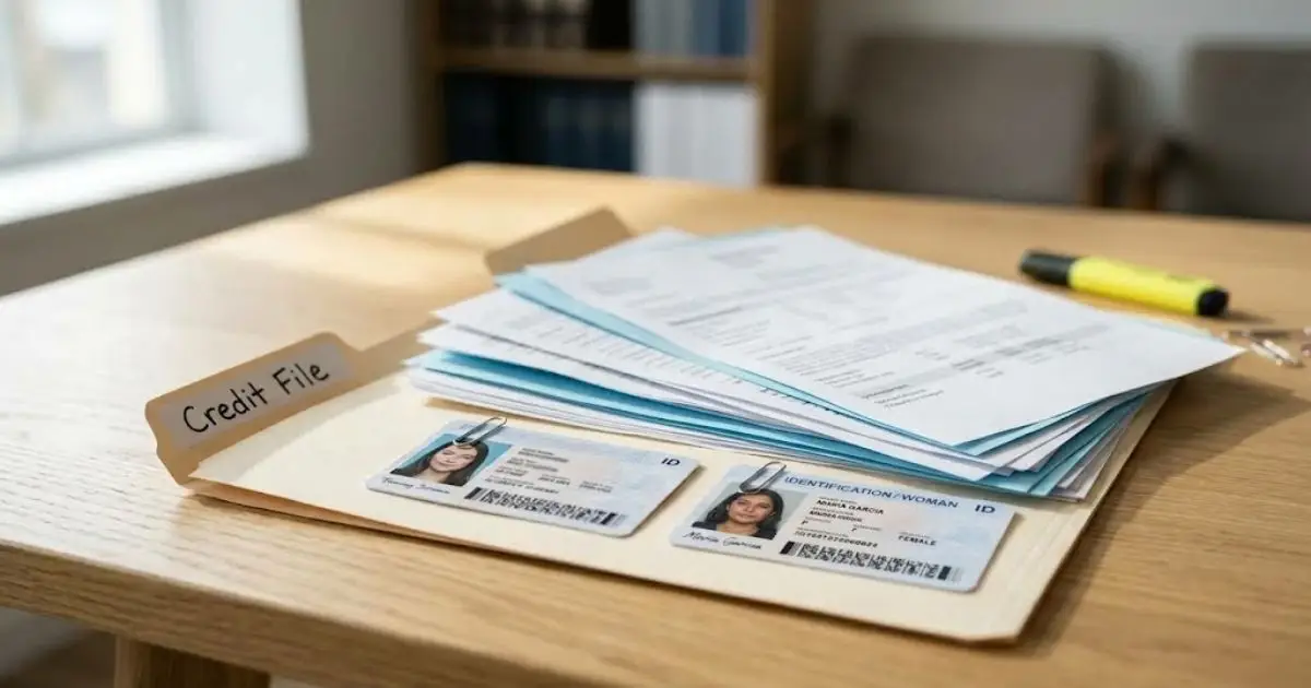 A single credit file folder with two different people's IDs and pages mixed together
