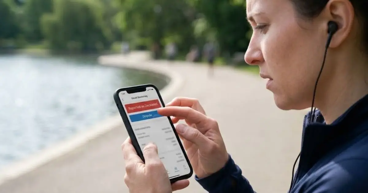 Jogger stopping to dispute a credit monitoring app alert that wrongly reports her as deceased