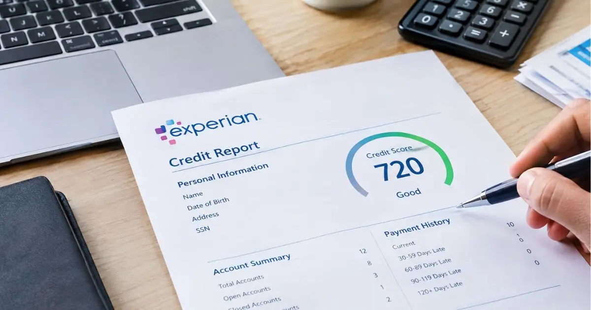 Hands reviewing an Experian credit report with a credit score and account details.