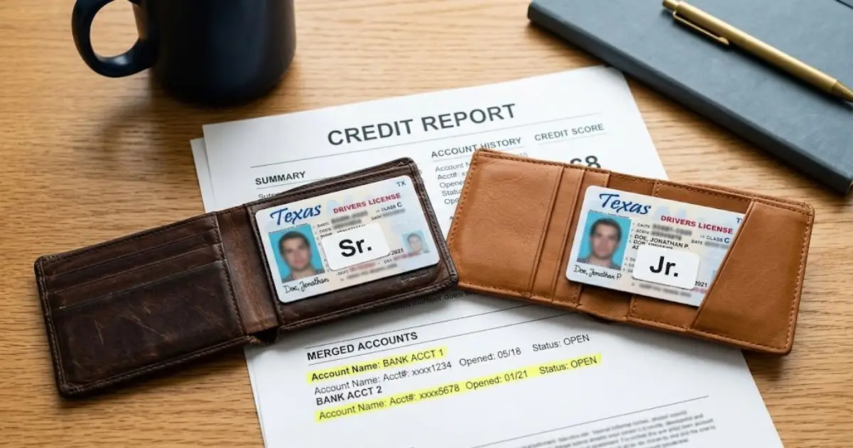 Father and son wallets on a credit report that mixes their accounts