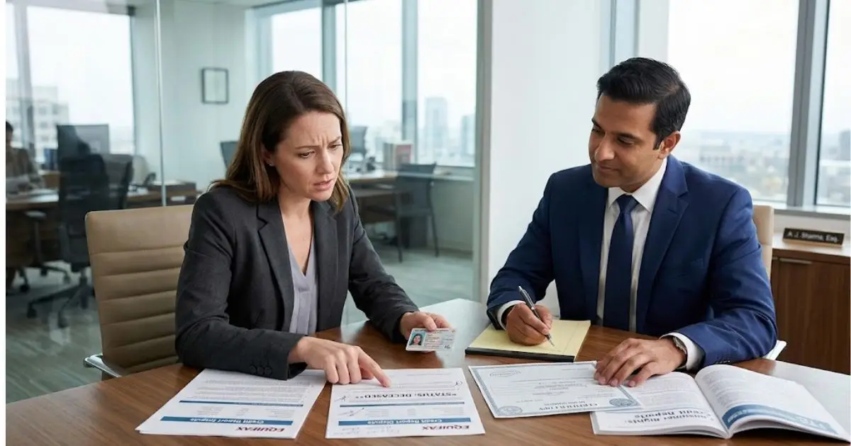 A man and woman review documents at a desk in an office.