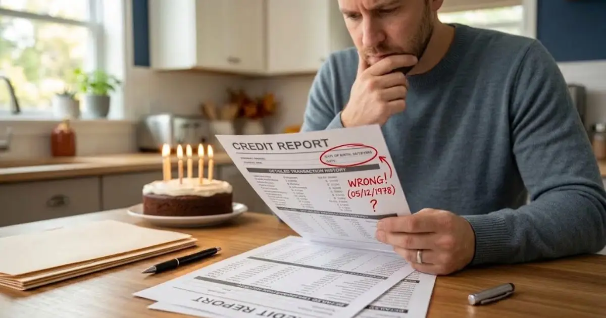 A man sitting at a kitchen table beside a birthday cake, reviewing a credit report with a wrong birth date circled in red