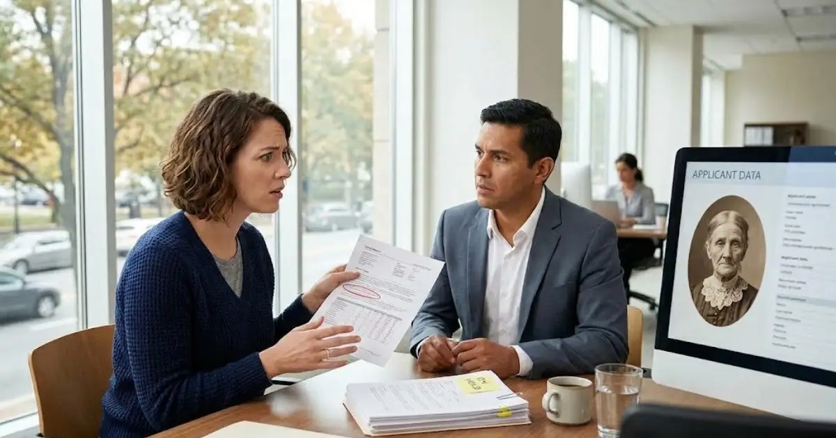 A woman discussing a credit report error with a loan officer while a computer monitor displays an antique Victorian portrait in her applicant profile
