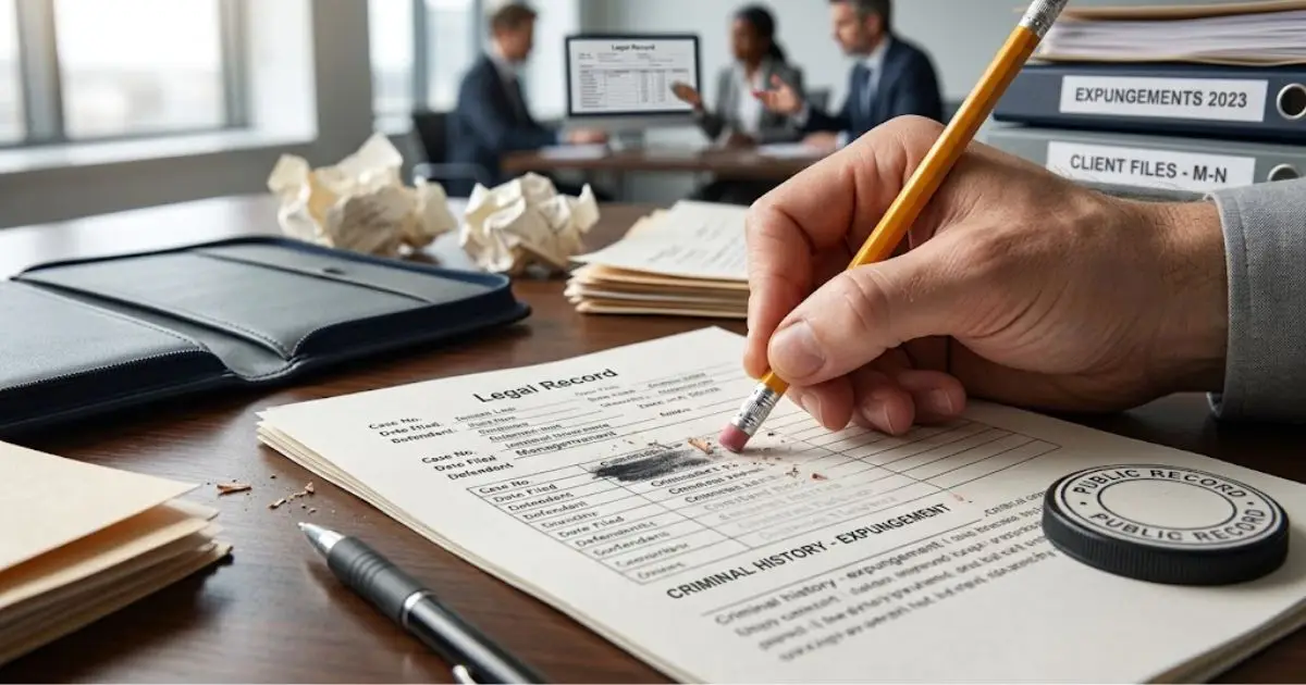 Eraser removing a record that still shows through the page, representing an expunged record still reported