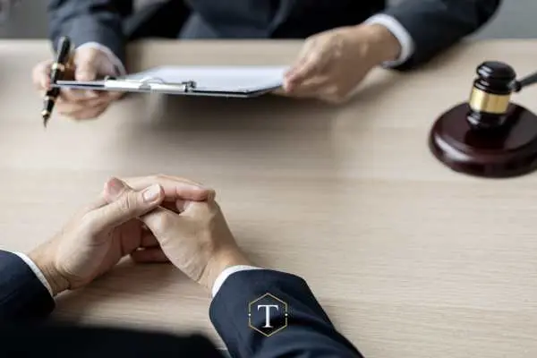 an attorney reviewing an embezzlement case with a client