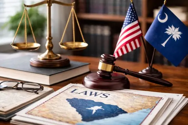 scales, American flag, and the state of SC with laws on a paper