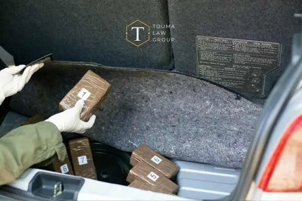 Hands in gloves pulling packages of drugs from a car trunk