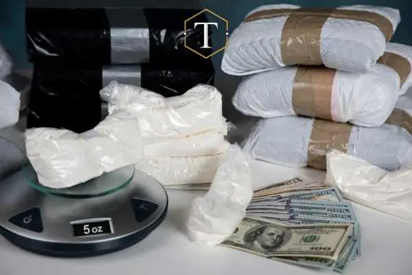 a large amount of drugs, money, and a scale on a white table