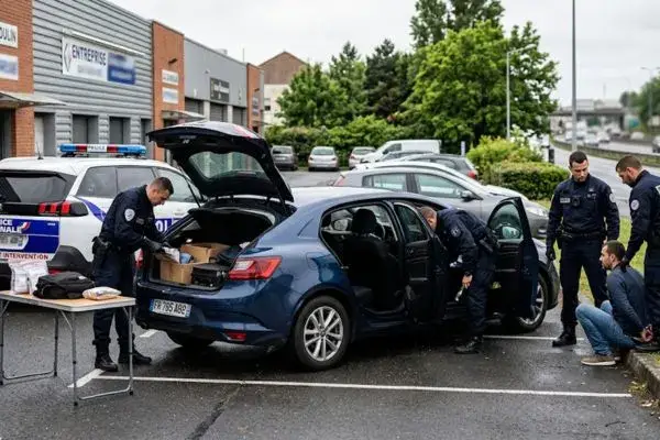 Police officers search a vehicle.