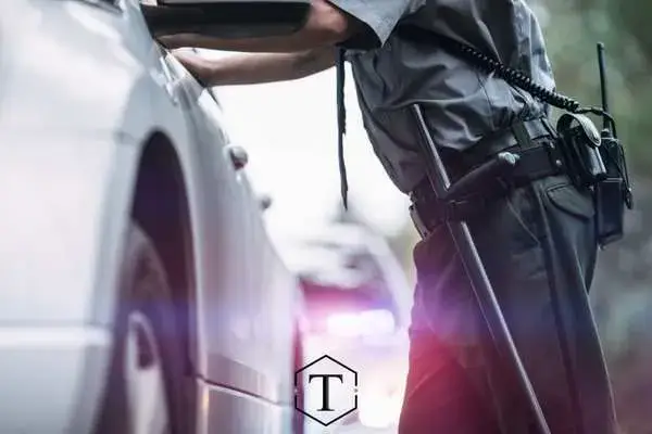 a police officer talking to a driver after pulling them over