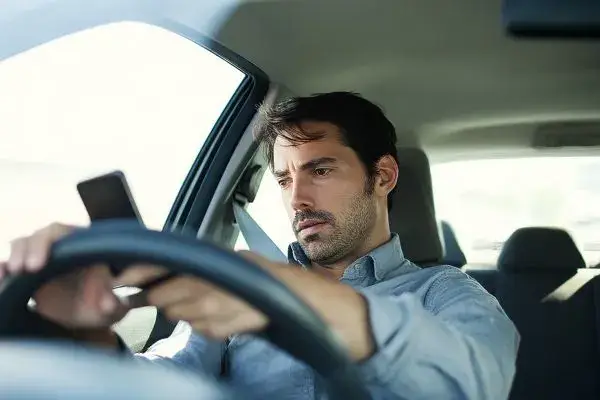 Man driving a car while distracted on his cell phone.