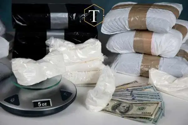 a large amount of drugs, money, and a scale on a white table