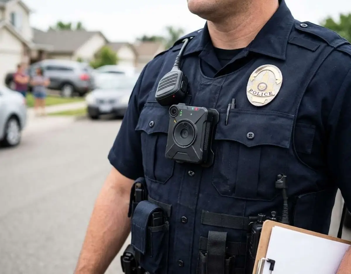 Close-up of a police officer wearing a body-mounted camera on their uniform chest pocket.