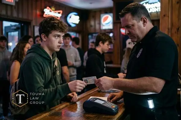 A student hands an ID card to a bouncer at bar.