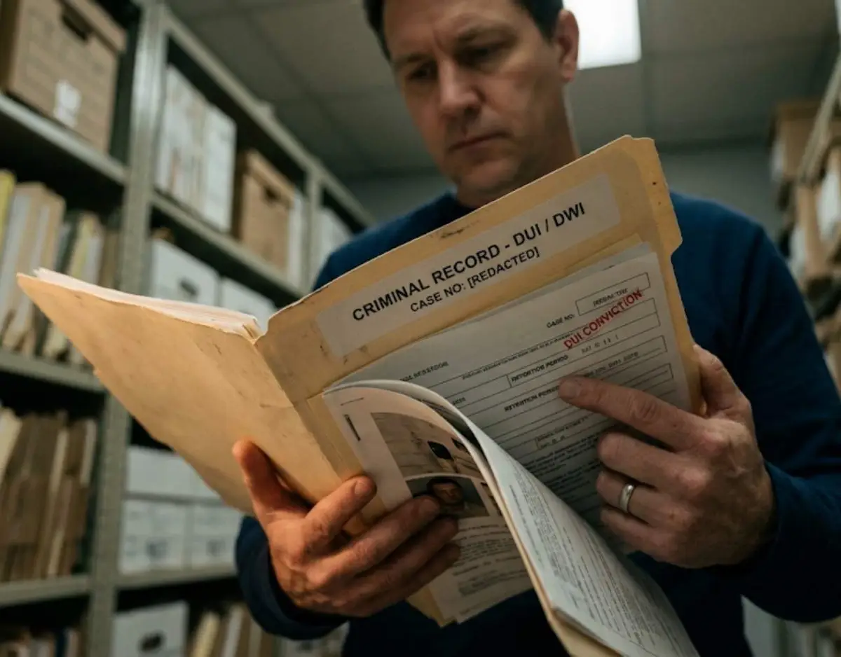 A man in an archive room holding an open criminal record file labeled "DUI Conviction."