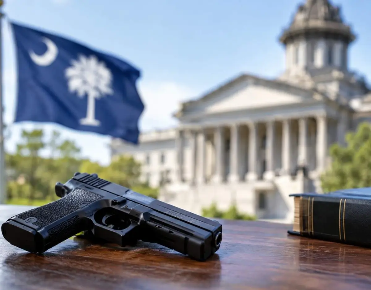 South Carolina flag, handgun, and law book in front of the state capitol.