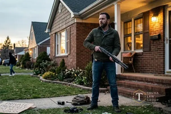 A man holding a shotgun on a lawn as people walk away in the background.