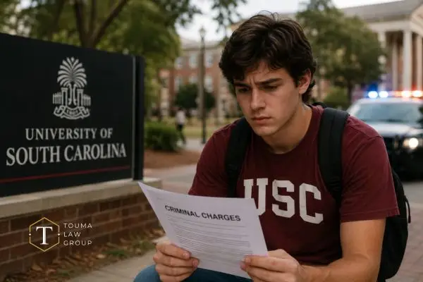 USC student reviewing criminal charge paperwork on the University of South Carolina campus.