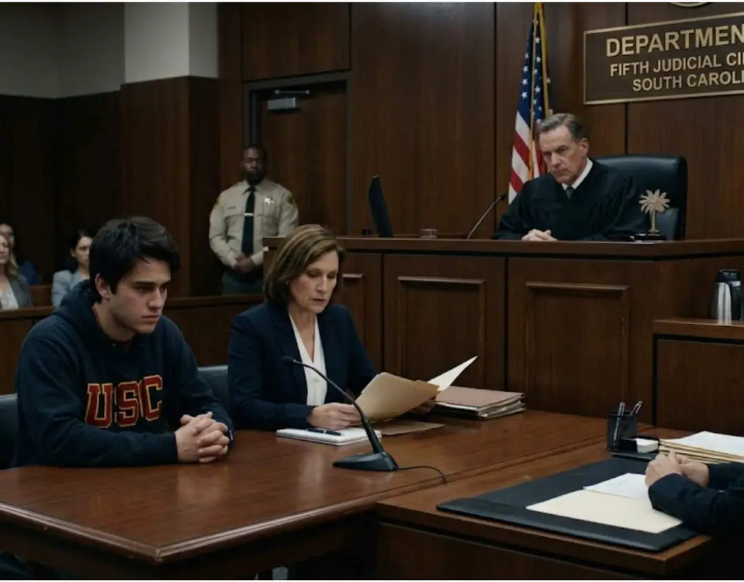 A USC student seated at a defense table in a South Carolina courtroom with his attorney.