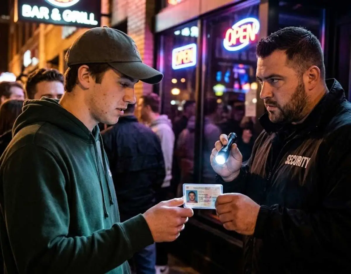 Bouncer inspecting ID of person in line.